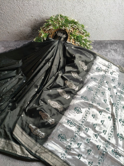 GREY GREEN SILK PURE HANDLOOM PAITHANI SAREE