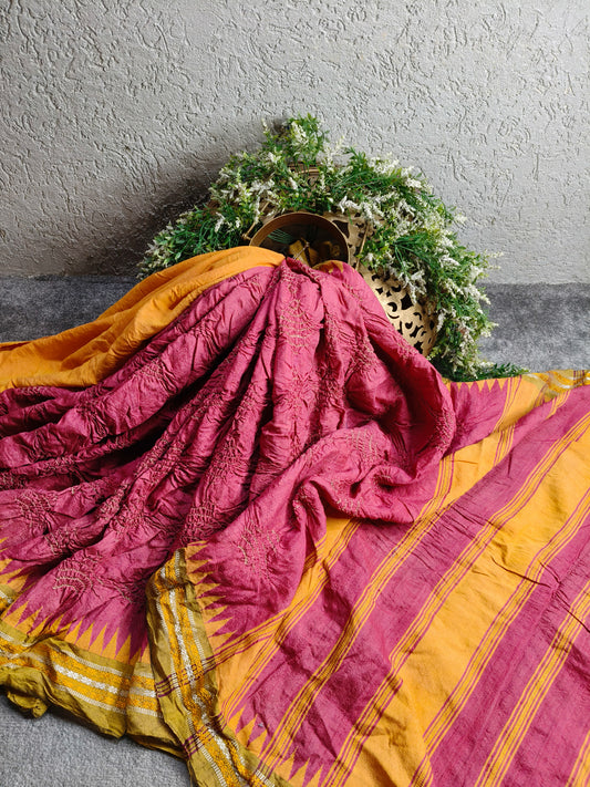 PINK TUSSAR PURE HANDLOOM BANDHEJ SAREE