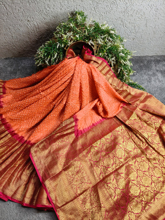 PEACH SILK PURE HANDLOOM BANDHEJ SAREE