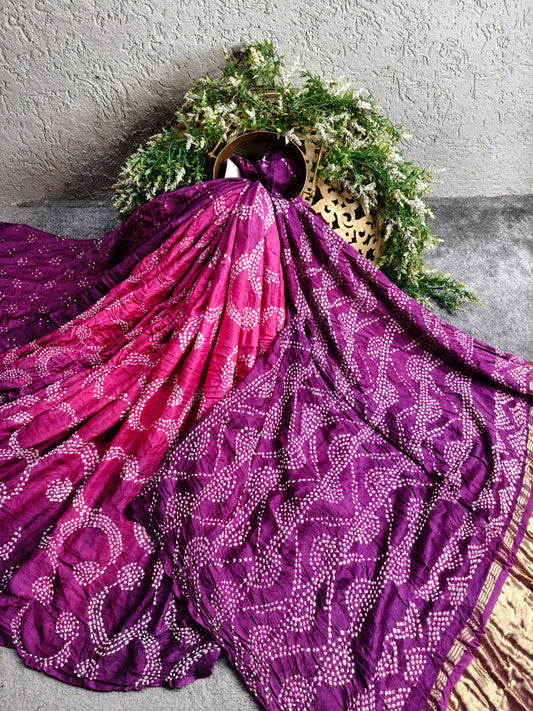PINK PURPLE GAJJI SILK PURE HANDLOOM BANDHEJ SAREE