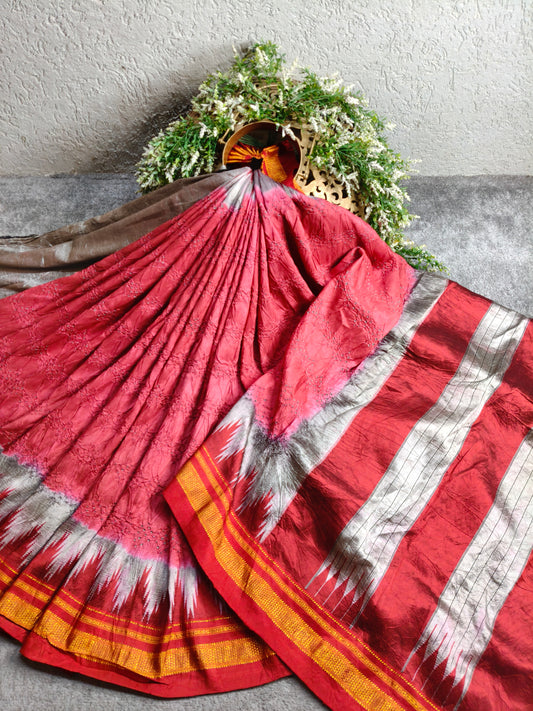 RED TUSSAR SILK PURE HANDLOOM BANDHEJ SAREE