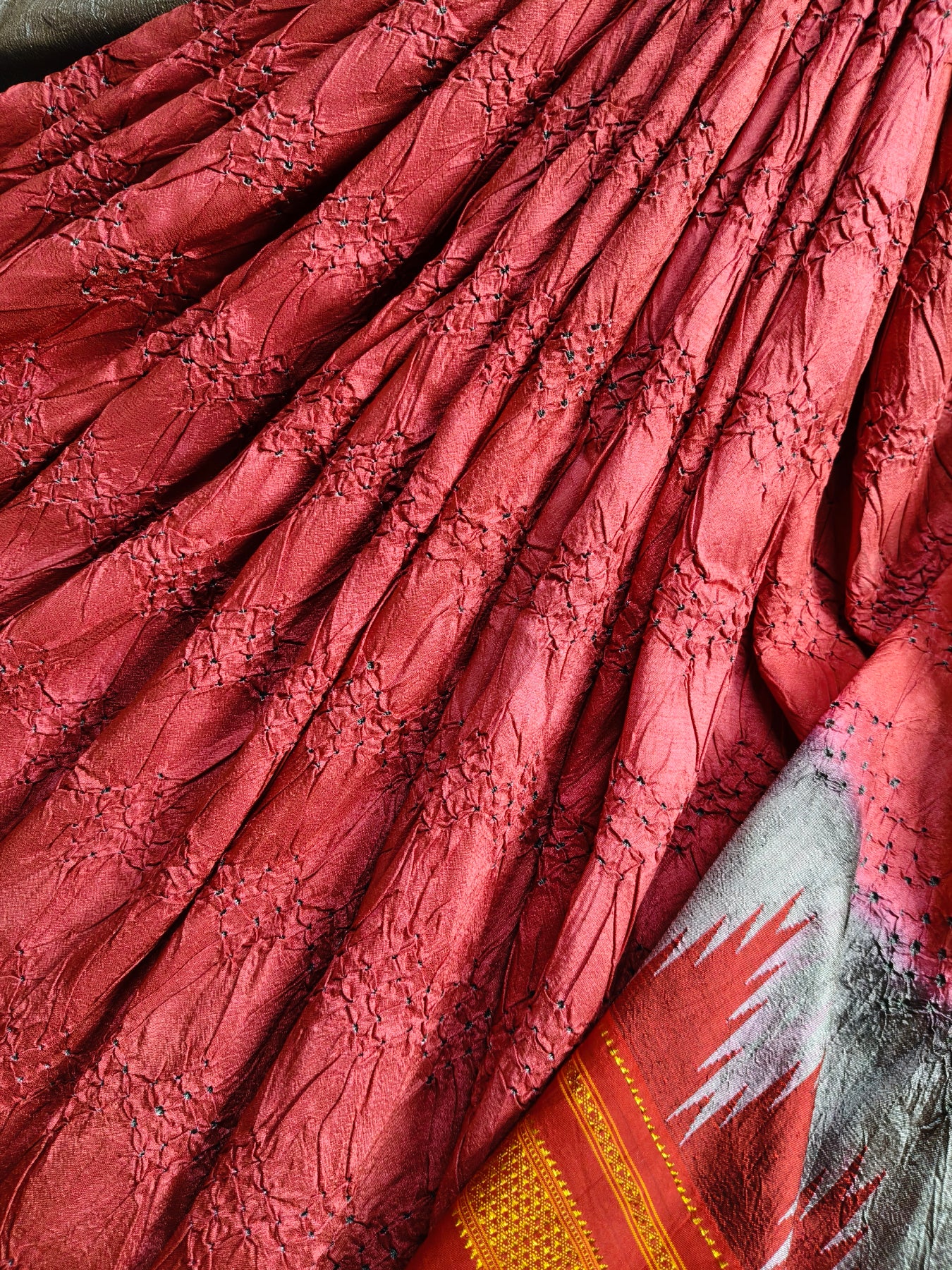 RED TUSSAR SILK PURE HANDLOOM BANDHEJ SAREE