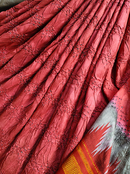 RED TUSSAR SILK PURE HANDLOOM BANDHEJ SAREE