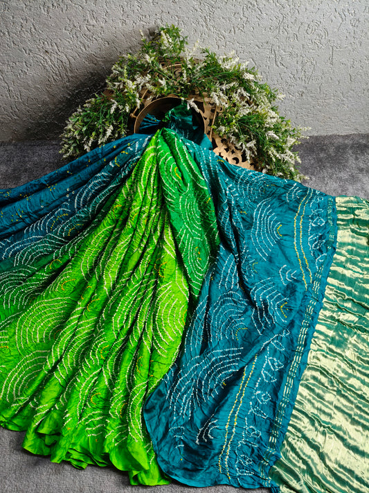 BLUE GREEN GAJJI SILK PURE HANDLOOM BANDHEJ SAREE