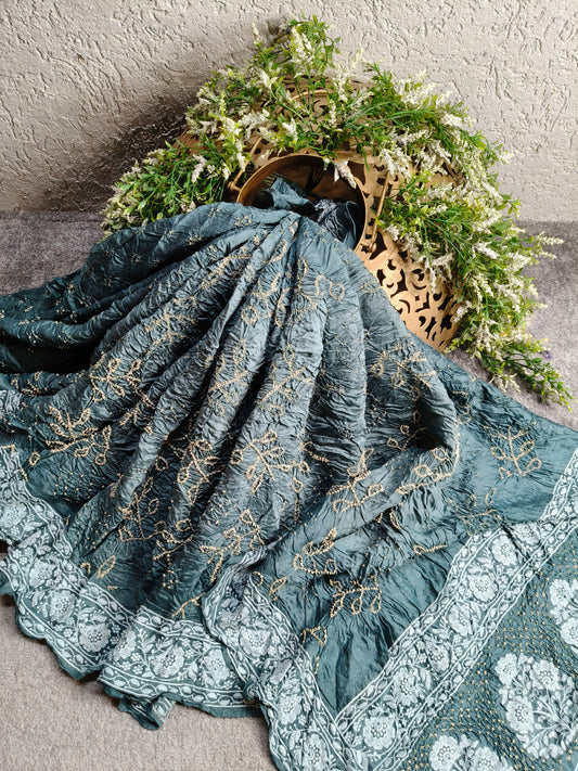 GREY TUSSAR PURE HANDLOOM BANDHEJ SAREE