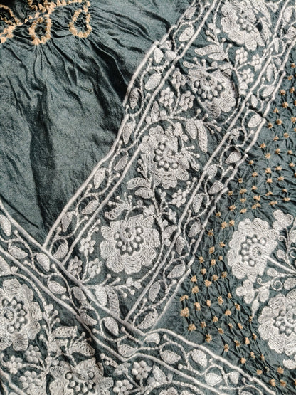 GREY TUSSAR PURE HANDLOOM BANDHEJ SAREE