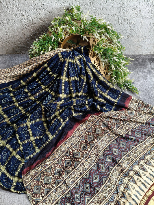 MIDNIGHT BLUE GAJJI SILK PURE HANDLOOM GHARCHOLA BANDHEJ SAREE