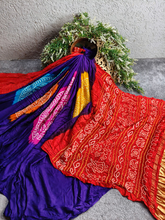 PURPLE GAJJI SILK PURE HANDLOOM  BANDHEJ SAREE