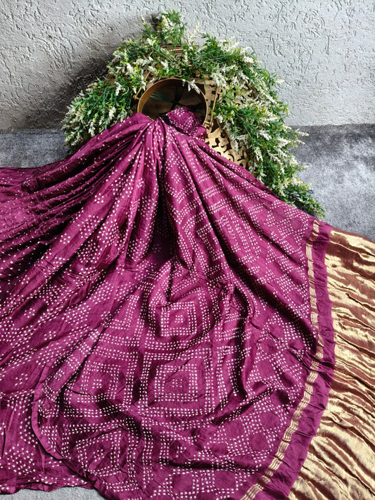 WINE GAJJI SILK PURE HANDLOOM  BANDHEJ SAREE