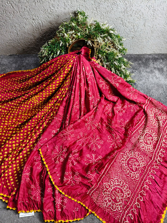RED PINK GAJJI SILK PURE HANDLOOM  BANDHEJ SAREE