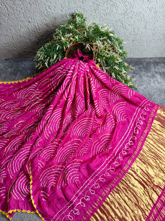 PINK GAJJI SILK PURE HANDLOOM  BANDHEJ SAREE