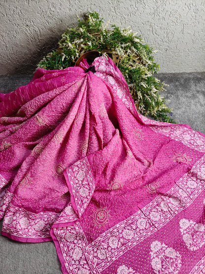 PINK SHADED TUSSAR PURE HANDLOOM  BANDHEJ SAREE