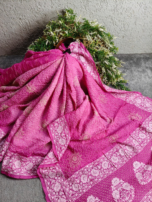 PINK SHADED TUSSAR PURE HANDLOOM  BANDHEJ SAREE