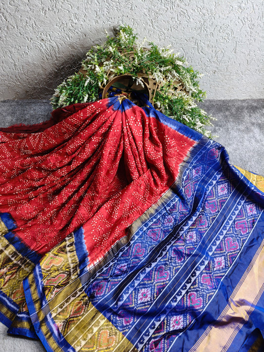 RED SILK PURE HANDLOOM  BANDHEJ SAREE