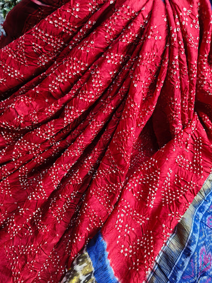 RED SILK PURE HANDLOOM  BANDHEJ SAREE