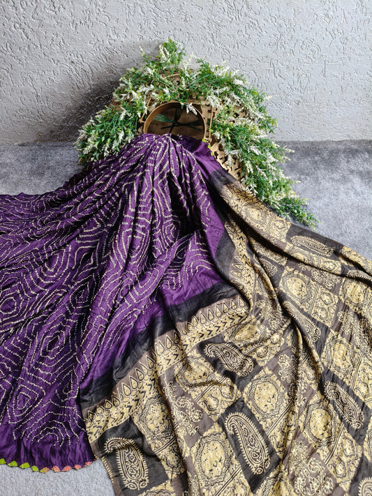 PURPLE GAJJI SILK PURE HANDLOOM  BANDHEJ SAREE