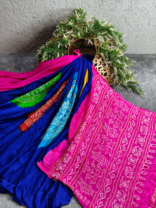 BLUE GAJJI SILK PURE HANDLOOM  BANDHEJ SAREE