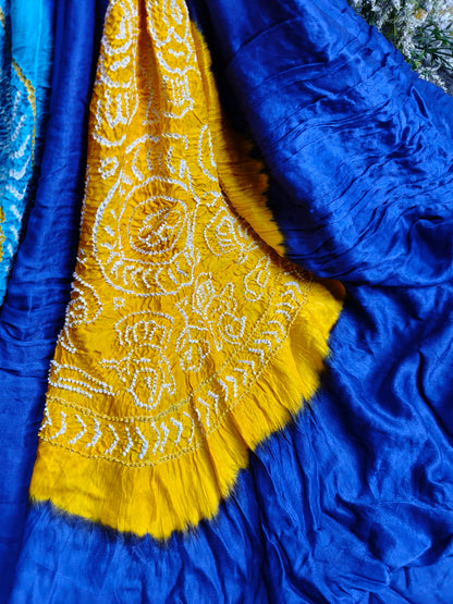 BLUE GAJJI SILK PURE HANDLOOM  BANDHEJ SAREE