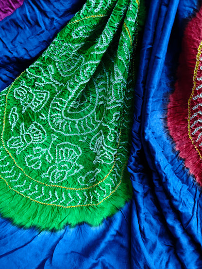 BLUE GAJJI SILK PURE HANDLOOM  BANDHEJ SAREE