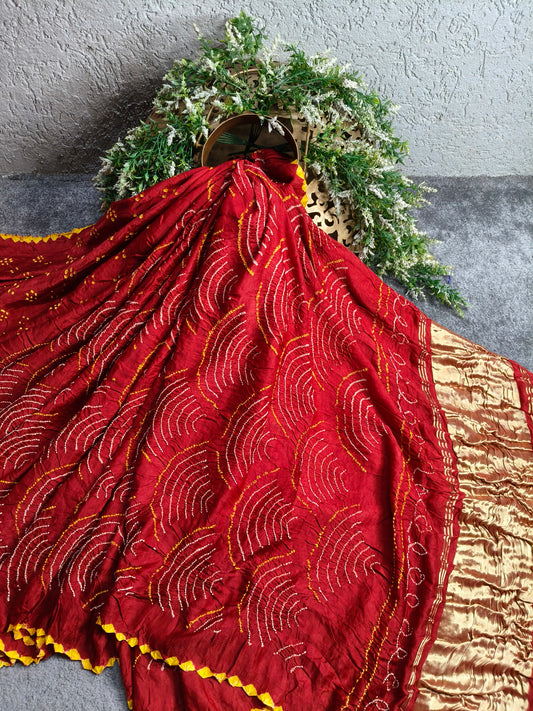RED GAJJI SILK PURE HANDLOOM  BANDHEJ SAREE