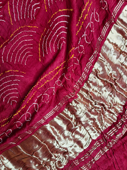 RED GAJJI SILK PURE HANDLOOM  BANDHEJ SAREE