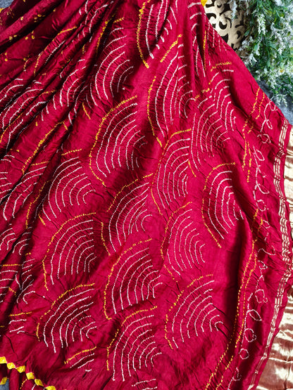 RED GAJJI SILK PURE HANDLOOM  BANDHEJ SAREE