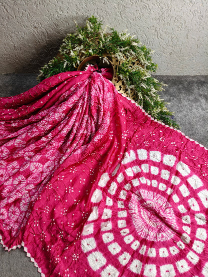 PINK MODAL SILK PURE HANDLOOM  BANDHEJ SAREE