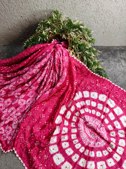 PINK MODAL SILK PURE HANDLOOM  BANDHEJ SAREE
