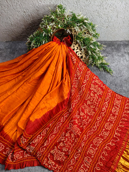 ORANGE GAJJI SILK PURE HANDLOOM  BANDHEJ SAREE
