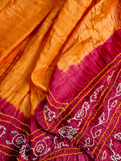 ORANGE GAJJI SILK PURE HANDLOOM  BANDHEJ SAREE