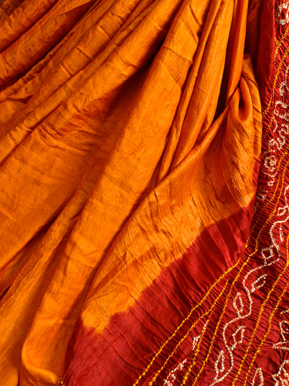 ORANGE GAJJI SILK PURE HANDLOOM  BANDHEJ SAREE