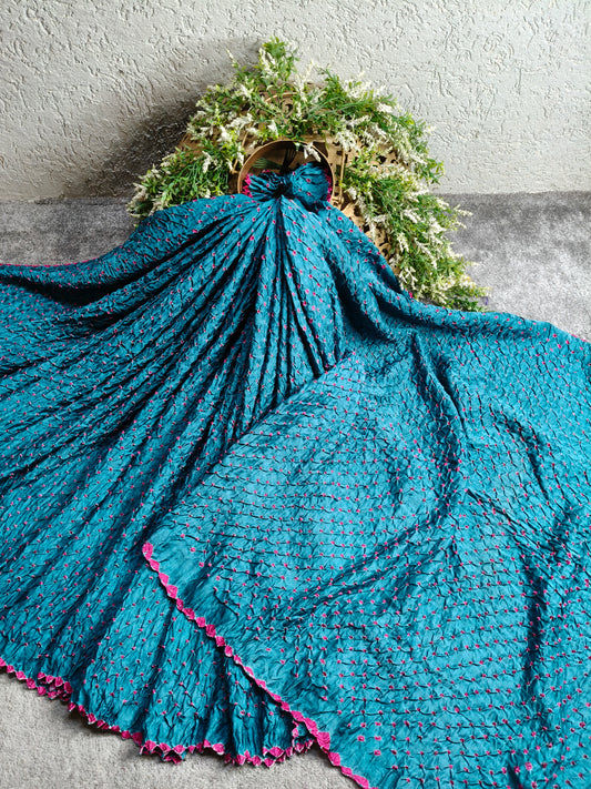 BLUE GAJJI SILK PURE HANDLOOM  BANDHEJ SAREE