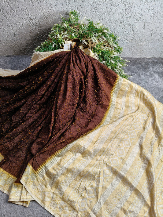 BROWN TUSSAR PURE HANDLOOM  BANDHEJ SAREE