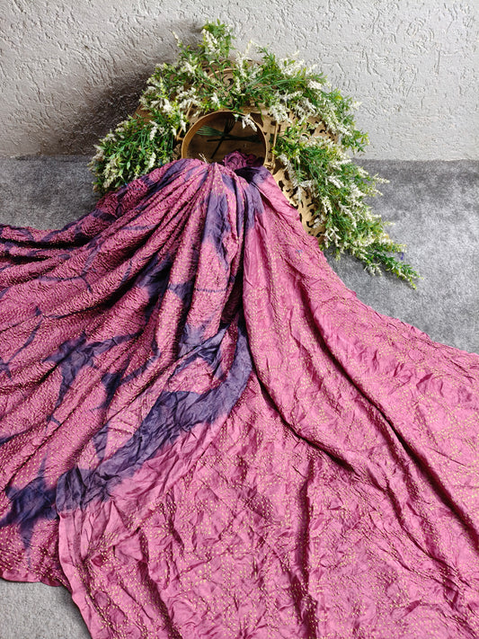 PINK AJRAK AND GAJJI SILK PURE HANDLOOM  BANDHEJ SAREE