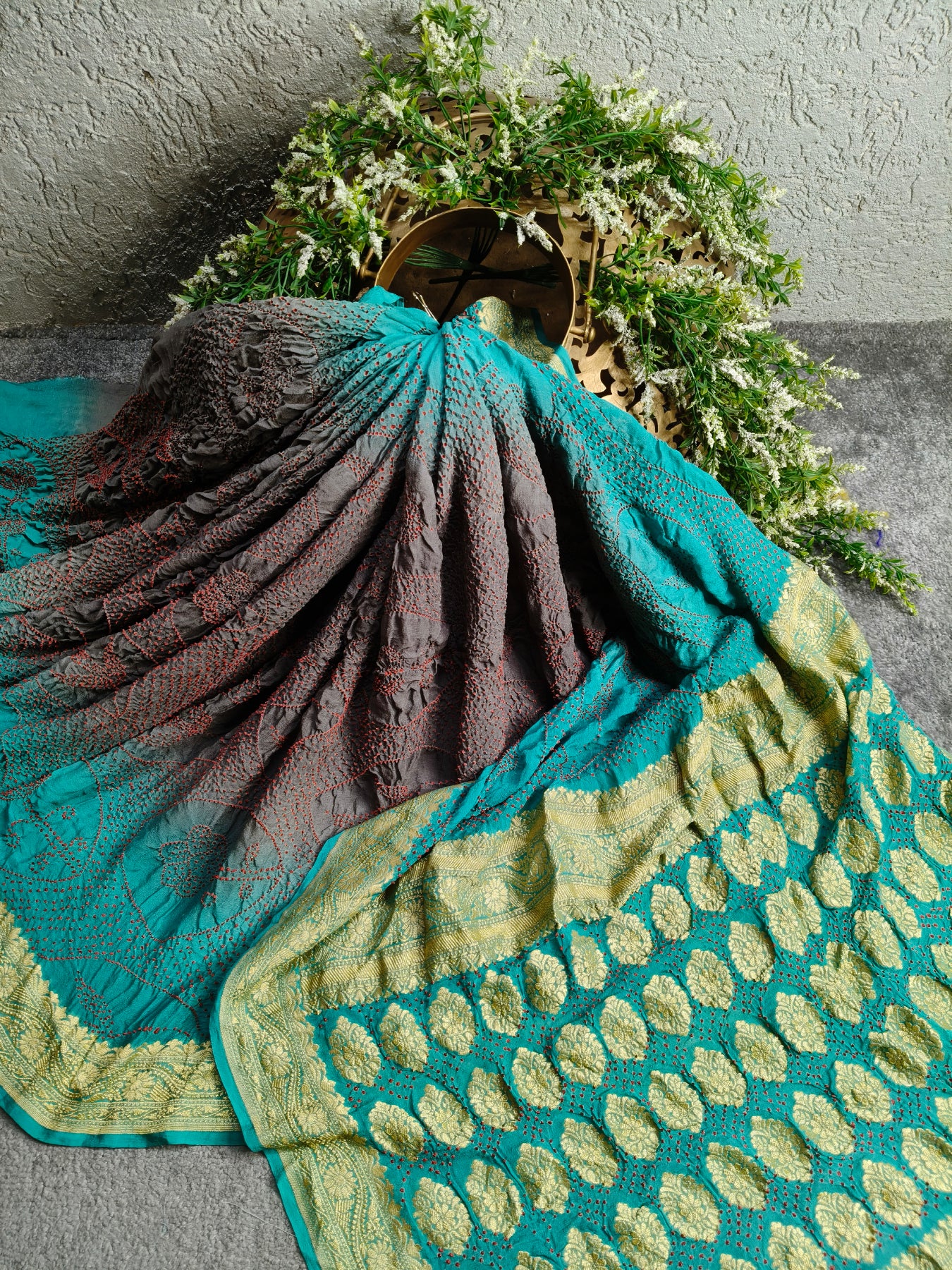 BLUE GREY SHADED GEORGETTE  PURE HANDLOOM  BANDHEJ SAREE