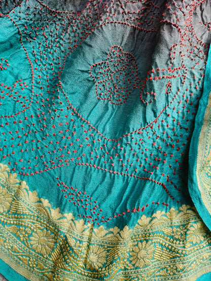 BLUE GREY SHADED GEORGETTE  PURE HANDLOOM  BANDHEJ SAREE