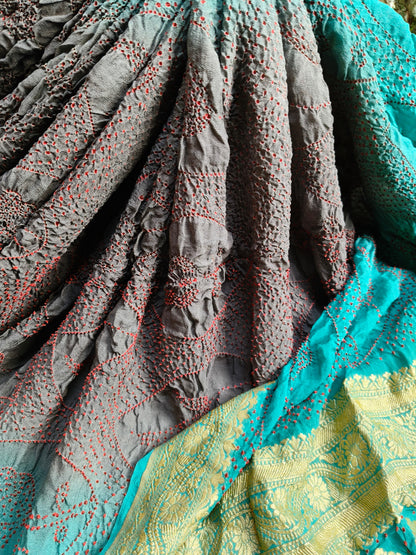 BLUE GREY SHADED GEORGETTE  PURE HANDLOOM  BANDHEJ SAREE