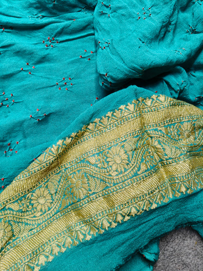 BLUE GREY SHADED GEORGETTE  PURE HANDLOOM  BANDHEJ SAREE