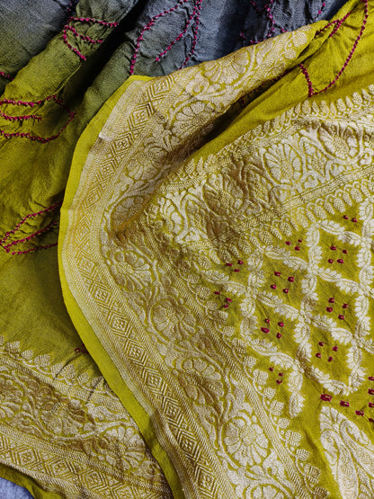 GREEN GREY SHADED GEORGETTE  PURE HANDLOOM  BANDHEJ SAREE