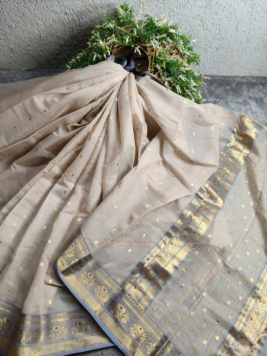 BEIGE MUL COTTON PURE HANDLOOM CHANDERI SAREE