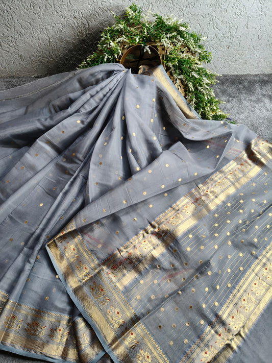 BLUISH GREY MUL COTTON PURE HANDLOOM CHANDERI SAREE