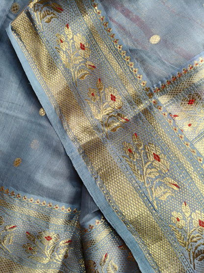 BLUISH GREY MUL COTTON PURE HANDLOOM CHANDERI SAREE