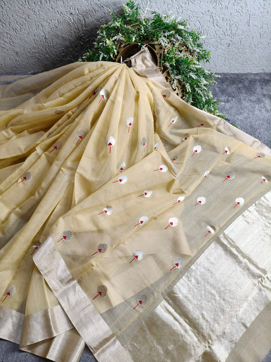 CREAM MUL COTTON PURE HANDLOOM CHANDERI SAREE