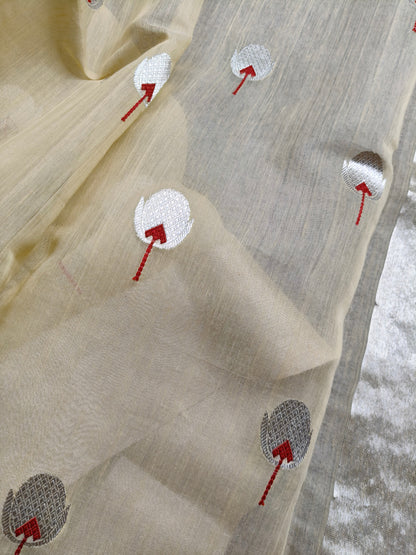 CREAM MUL COTTON PURE HANDLOOM CHANDERI SAREE