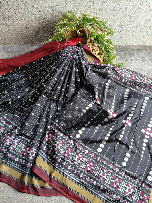 BLACK SILK PURE HANDLOOM IKKAT SAREE