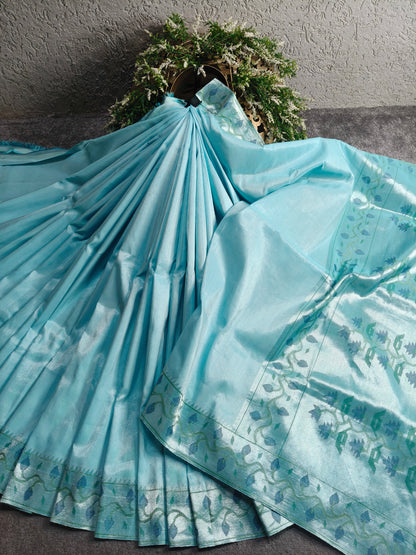 BLUE TISSUE SILK PURE HANDLOOM PAITHANI SAREE