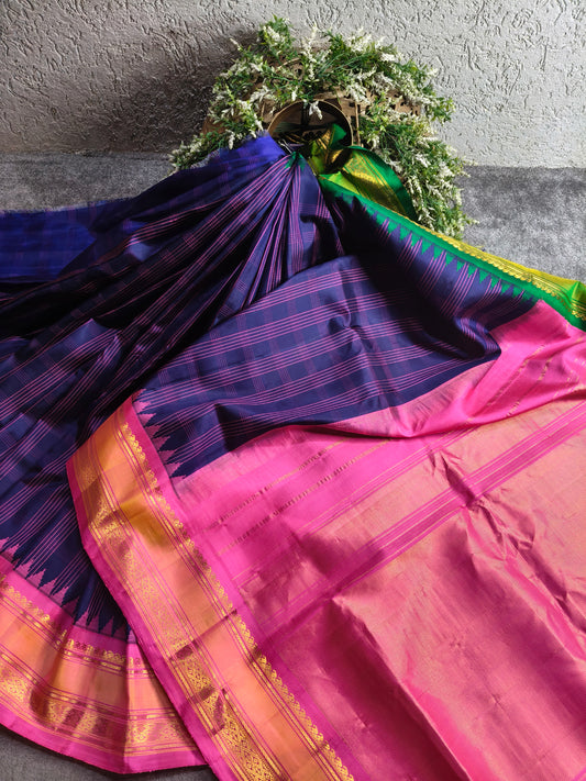 PURPLE BLUE SILK PURE HANDLOOM GADWAL SAREE