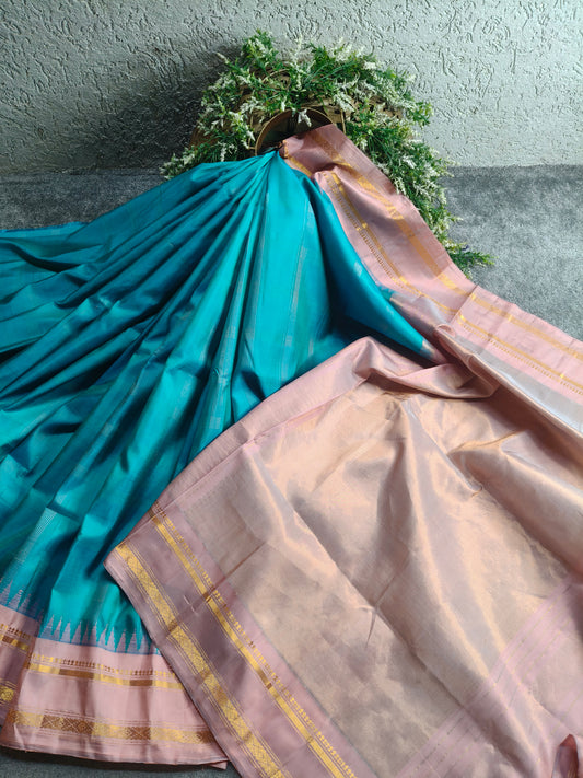 BLUE SILK PURE HANDLOOM GADWAL SAREE