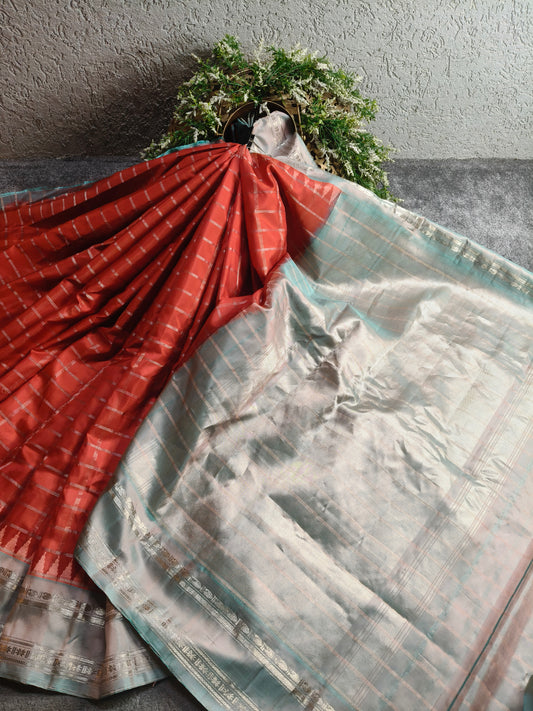 RED SILK PURE HANDLOOM GADWAL SAREE