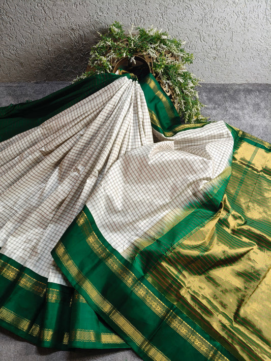 OFF WHITE SILK PURE HANDLOOM GADWAL SAREE